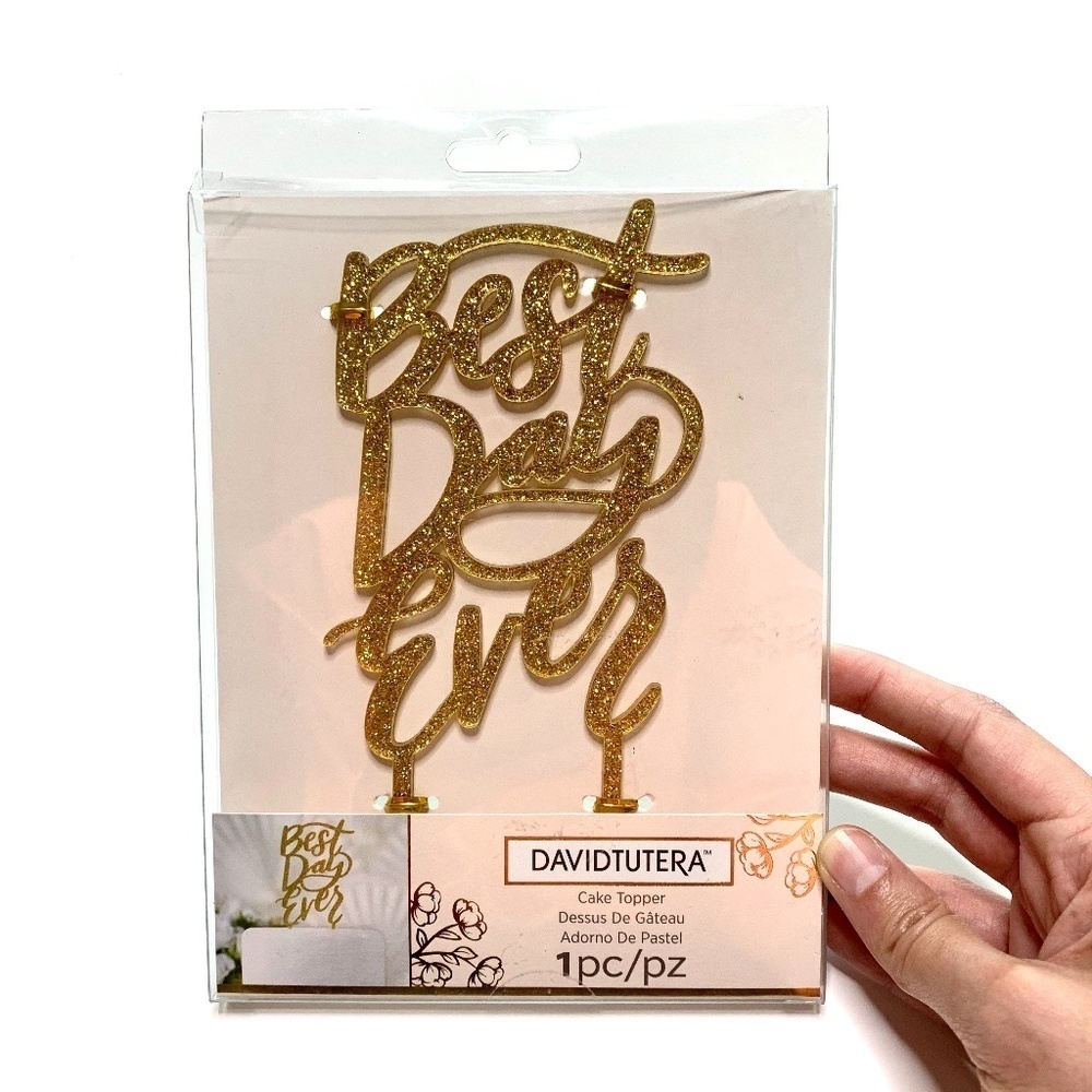 DAVID TUTERA Cake Topper BEST DAY EVER Glitter‎ Gold Acrylic NIB Metallic